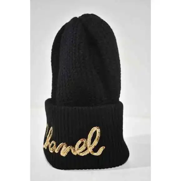Chanel 22A Cashmere Black Gold Sequin CC Logo Beanie Winter Hat Cap Cloche - Picture 10 of 12